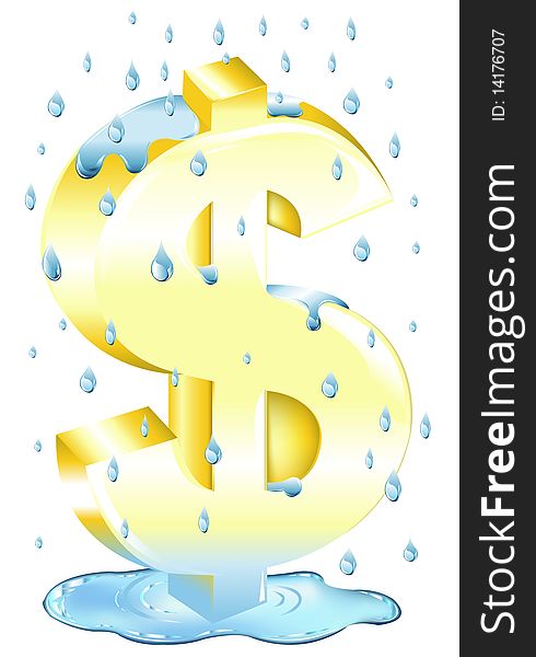 Dollar Sign In The Rain In Water, Isolated On White. Dollar Sign In The Rain In Water, Isolated On White