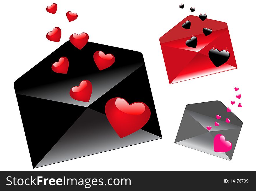 3 Envelops With Flying Hearts (Black envelop With Red Hearts, Red With Demons And Gray With pink), Isolated On White. 3 Envelops With Flying Hearts (Black envelop With Red Hearts, Red With Demons And Gray With pink), Isolated On White