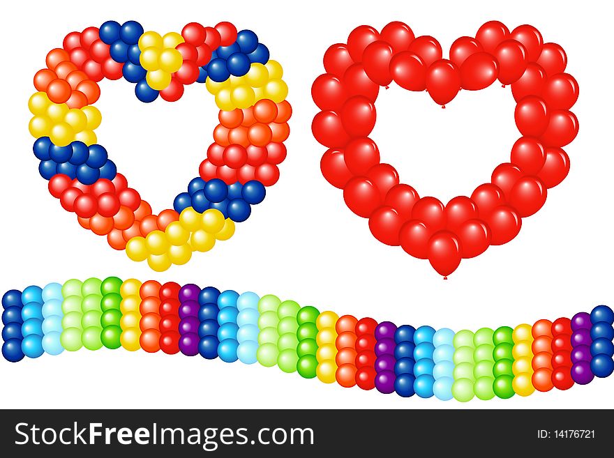 3 Garlands Of Balloons (Heart Shape and Stripe), Isolated On White. 3 Garlands Of Balloons (Heart Shape and Stripe), Isolated On White