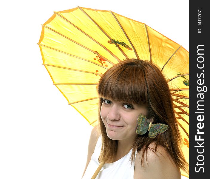 Portrait of a  smiling young   girl  with umbrella