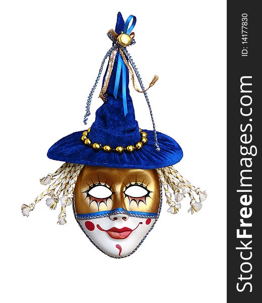 Decorative Porcelain mask. A man in a blue hat. Decorative Porcelain mask. A man in a blue hat
