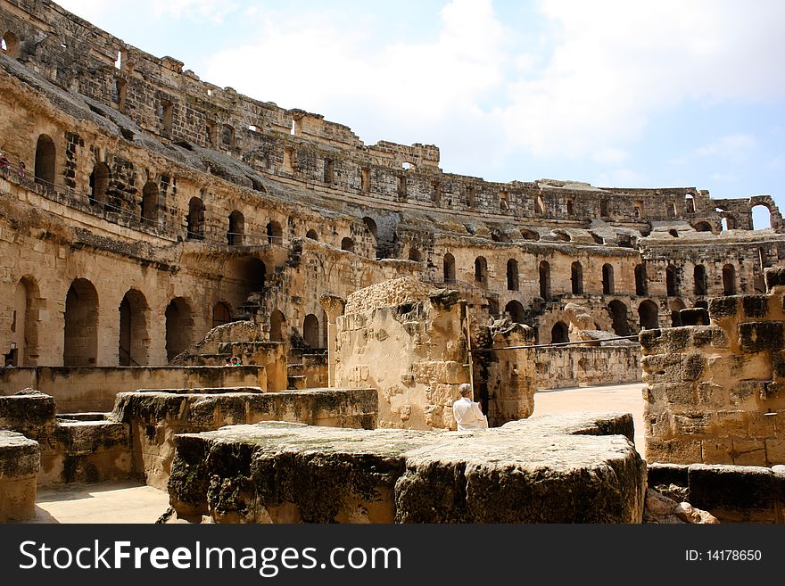 Inside view of the colosseum of el jem in tunisia.