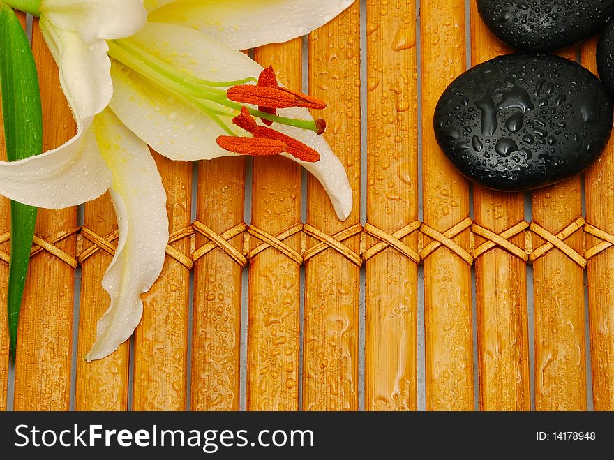 White lily and massage stones on bamboo background. White lily and massage stones on bamboo background