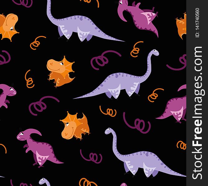 Seamless Dinosaur Pattern. Animal Black Background With Colorful Dino. Vector Illustration.