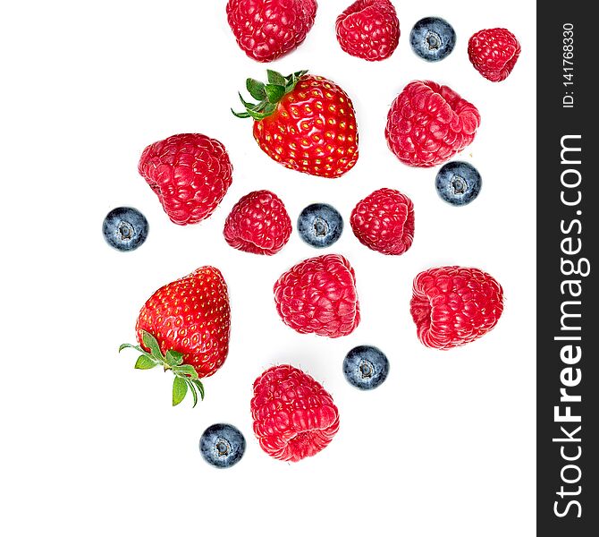 Mixed Summer Berries. Strawberry, Raspberry, Blueberries and Mint leaf isolated on white background, top view, flat lay