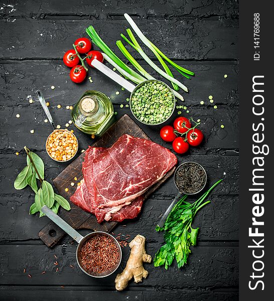 Healthy Food. Raw Beef Steaks With Organic Vegetables And Spices