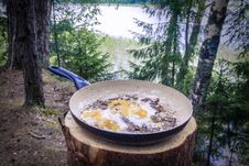 Fried Eggs Lie On The Pan Cooked In Nature, In A Hike Stock Image