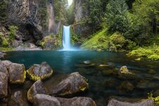 Waterfall Mountain View Close Up. Mountain River Waterfall Landscape. River Scene. Forest Waterfall View. Waterfall Forest Stock Images