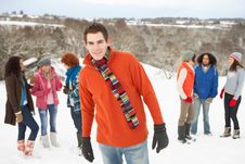 Young Friends Having Fun In Snowy Landscape Stock Photos Young Friends Having Fun In Snowy Landscape Stock Photos