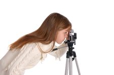 Girl With The Camera On White Royalty Free Stock Photos