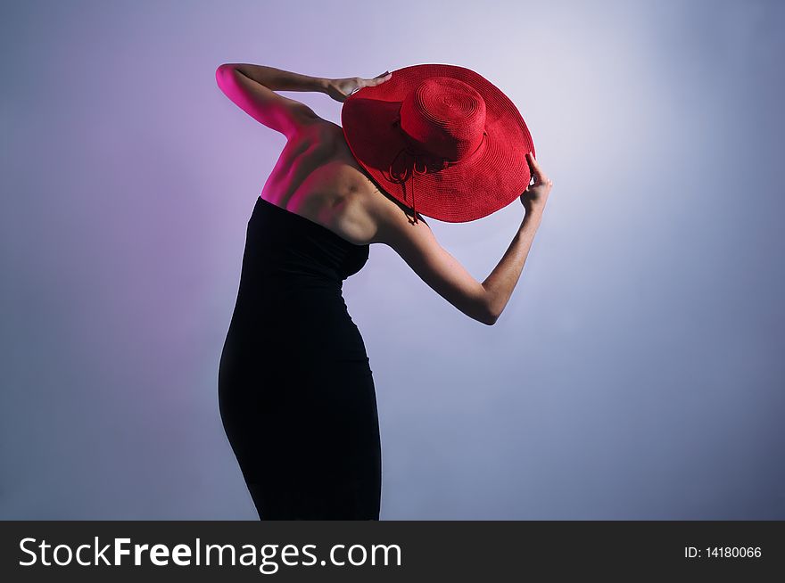 Leaning stylish lady wearing dress and hat