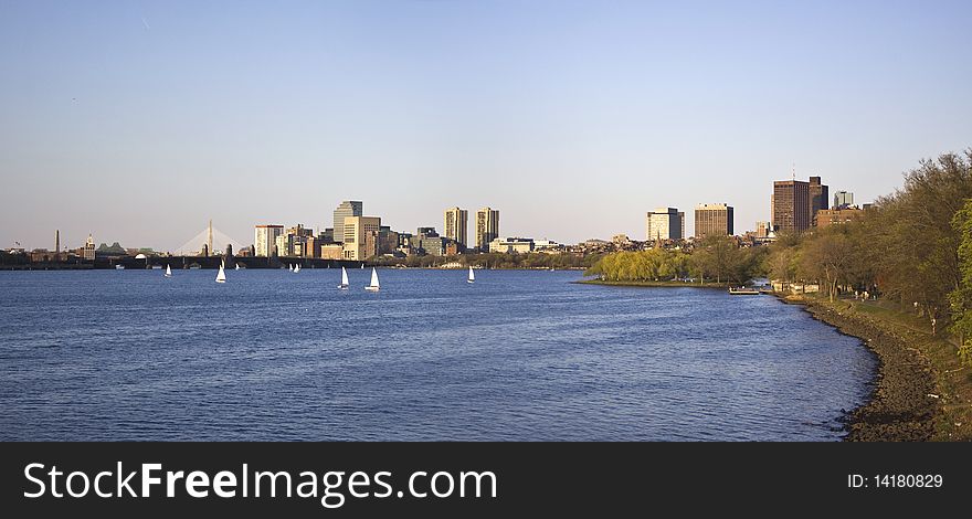 Sunset at Charles river in Boston. The picture is taken from the Harvard bridge