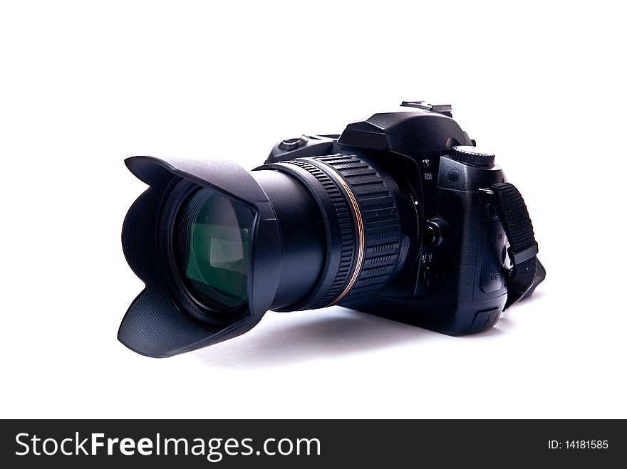 Modern digital camera equipped with zoom lens isolated on white. Modern digital camera equipped with zoom lens isolated on white