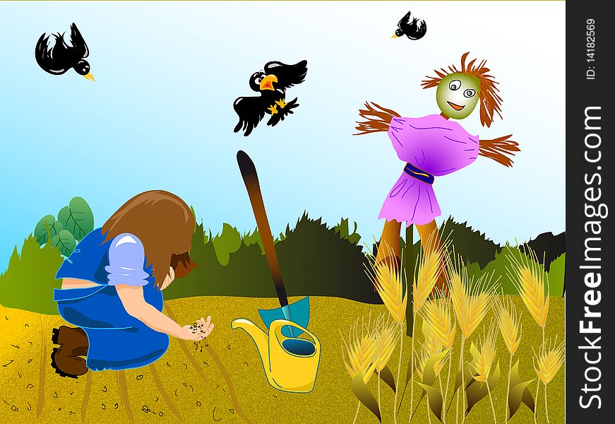 Girl in organic garden with scarecrow