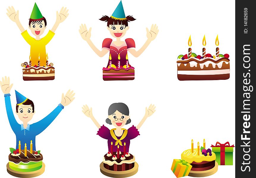 Illustrations of various birthday party celebrations for all ages.