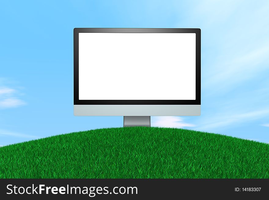 Computer display with white screen on a green hill and sky background