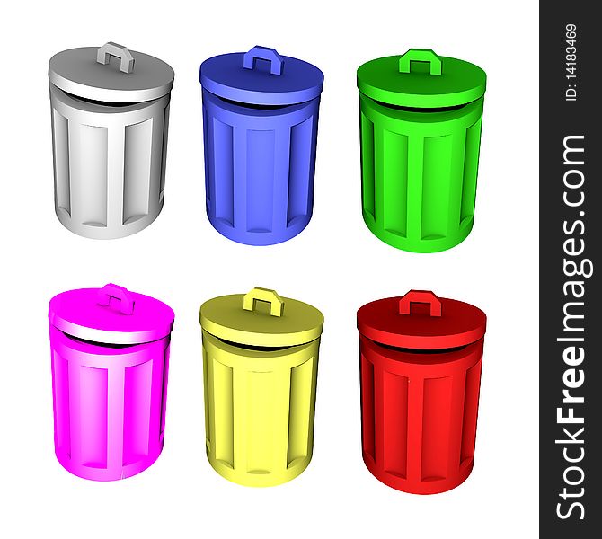 Six 3d trashcans in different colors. Six 3d trashcans in different colors