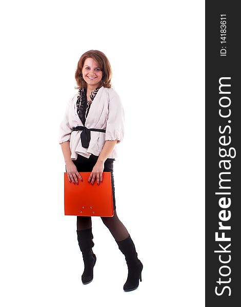 Business woman in white dress with orange folder in her hands, studio work. Business woman in white dress with orange folder in her hands, studio work