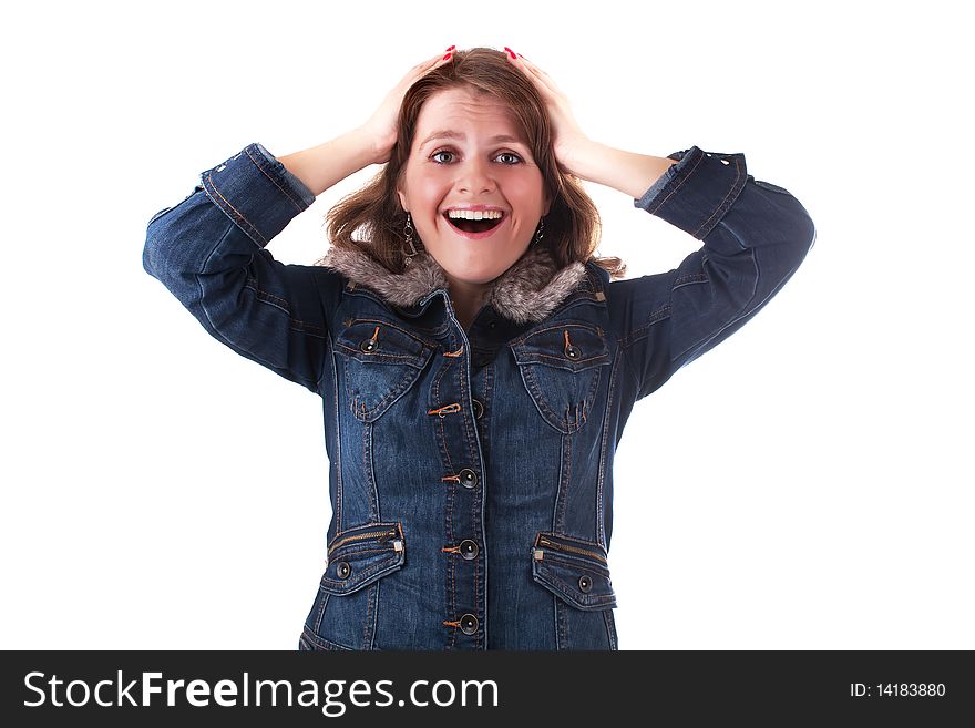 Smiling woman with surprise emotion on her face in studio on a white background. Smiling woman with surprise emotion on her face in studio on a white background