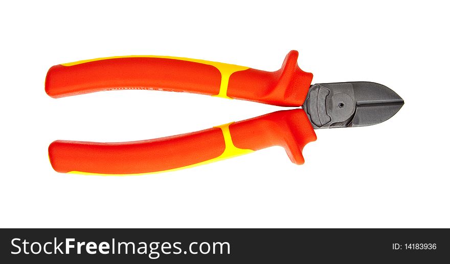 Yellow-red wire cutters for high voltage works isolated on white.