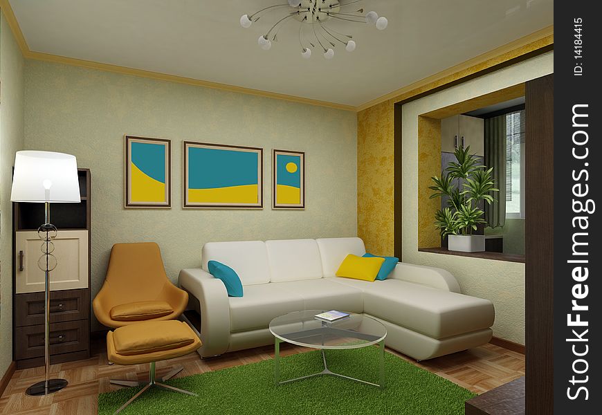 Interior apartments with a sofa, an armchair