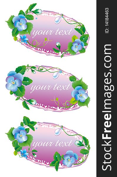 Vignettes for congratulations with children's birhday, designed with blue pansy flowers. Vignettes for congratulations with children's birhday, designed with blue pansy flowers