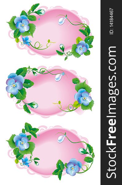 Vignettes for congratulations with children's birhday, designed with blue pansy flowers. Vignettes for congratulations with children's birhday, designed with blue pansy flowers