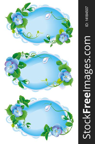 Vignettes for congratulations with children's birhday, designed with blue pansy flowers. Vignettes for congratulations with children's birhday, designed with blue pansy flowers