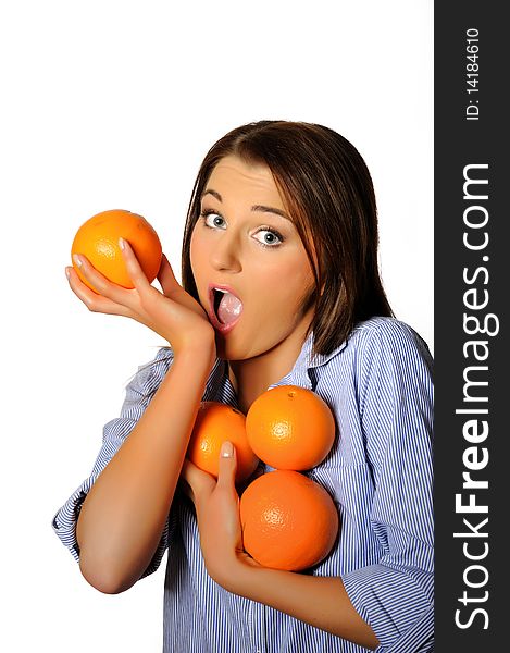 Young beautiful woman with citrus orange fruit having fun. isolated on white background