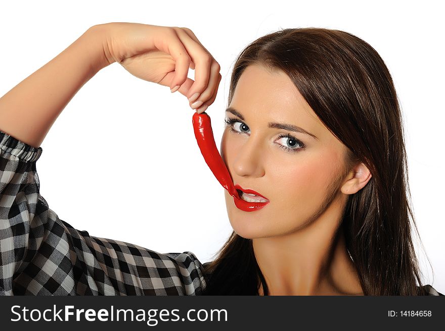 Beautiful sexy woman with red hot chilli pepper