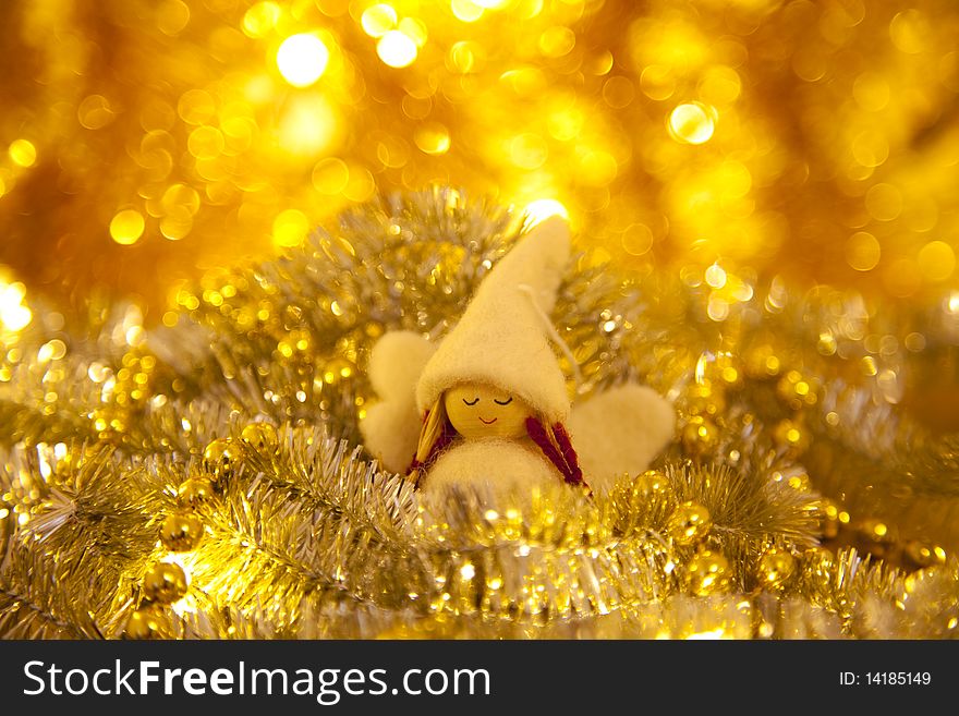 Angel decoration with tinsel and lights. Angel decoration with tinsel and lights