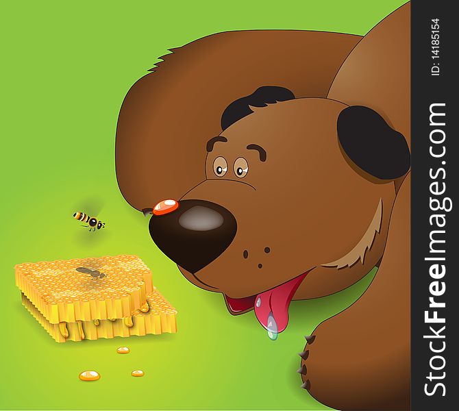 Illustration, brown bear looks at honey and bee