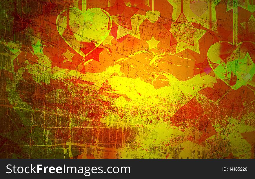 Abstract hearts and stars on the grunge background