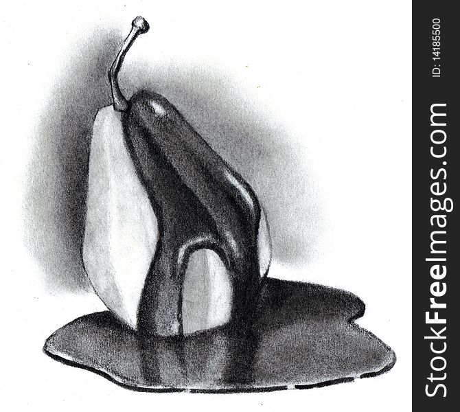 A pencil drawing of a pear covered in chocolate sauce. A pencil drawing of a pear covered in chocolate sauce.