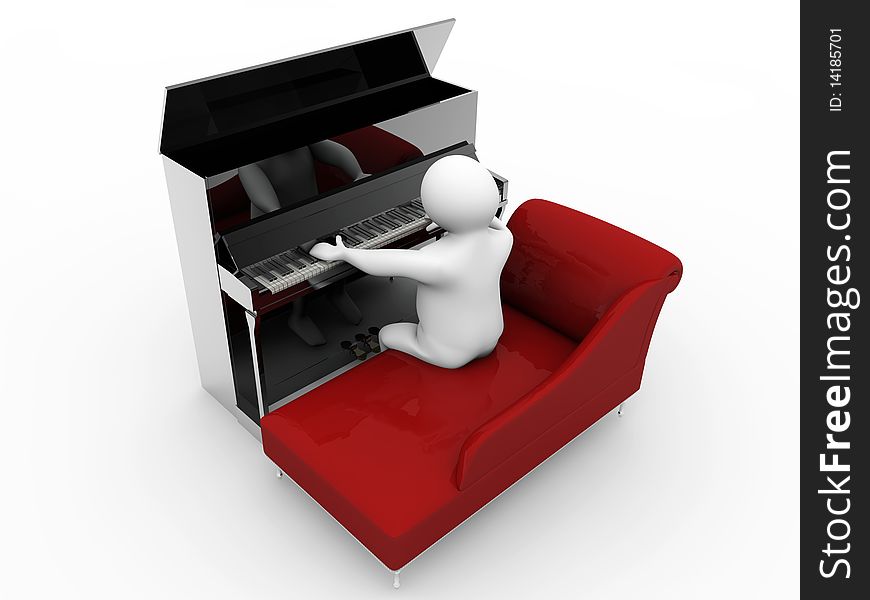 Man made in 3d that play piano sit on a red sofa. Man made in 3d that play piano sit on a red sofa