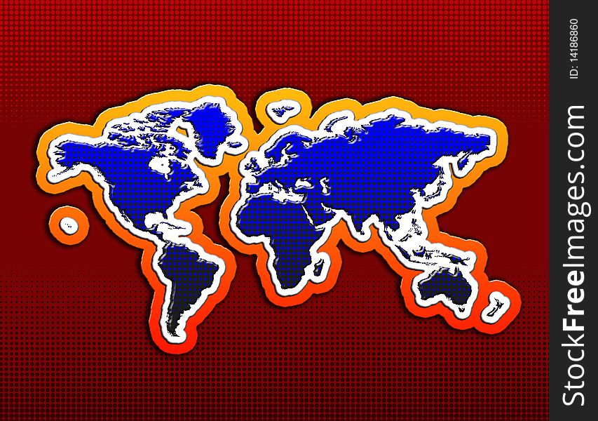 Continents depicted on a red background with round elements continents are orange, white and blue with added shadows and curved forms. Continents depicted on a red background with round elements continents are orange, white and blue with added shadows and curved forms