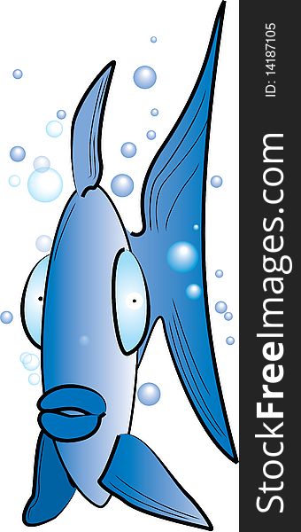 A funny blue fish between several bubbles on white background