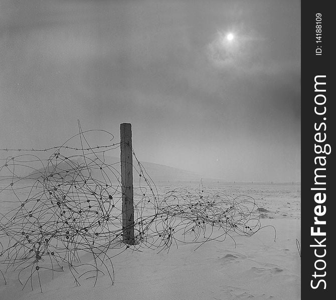 A broken fence in the snow,shooting in bashang of Hebei CHINA.