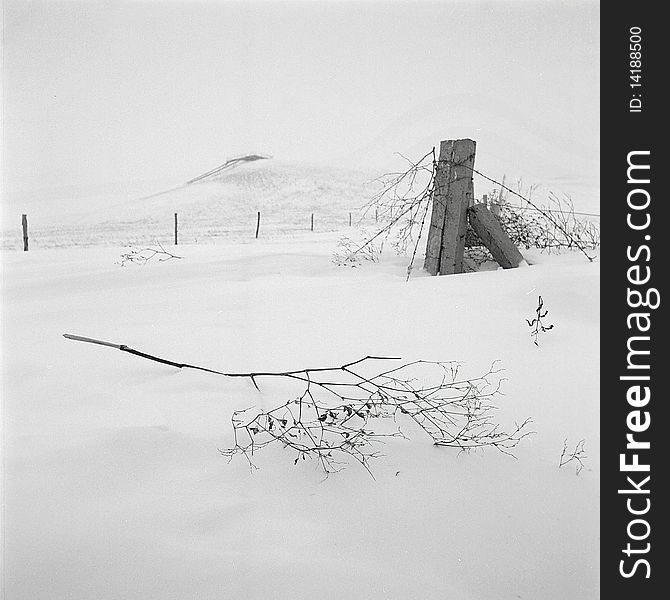 A broken fence in the snow,shooting in bashang of Hebei CHINA.
