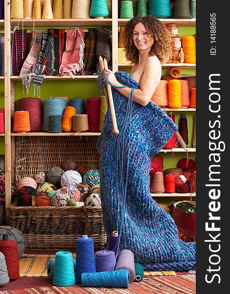 Naked Woman Standing In Knitted Item