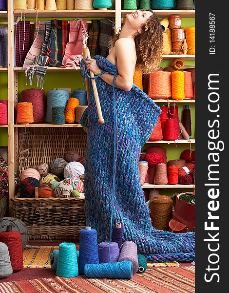 Naked Woman Standing In Knitted Item