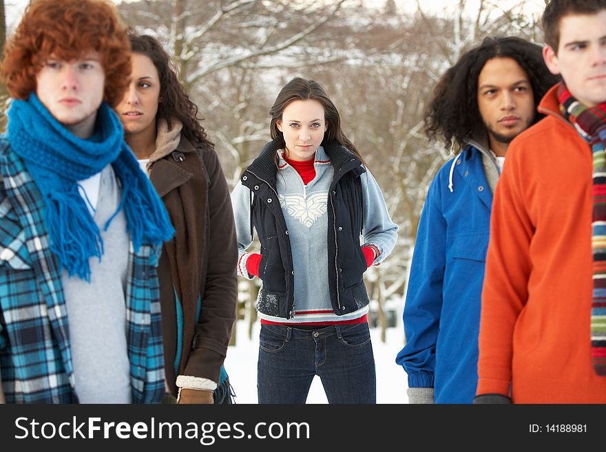 Group Of Teenage Friends Having Fun In Snowy Landscape Wearing Ski Clothing