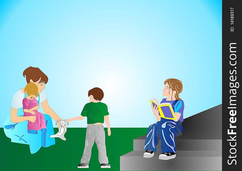 Mom is holding youngest girl and picking up Bunny for her son. As the eldest daughter is sitting on steps reading her book. Mom is holding youngest girl and picking up Bunny for her son. As the eldest daughter is sitting on steps reading her book.