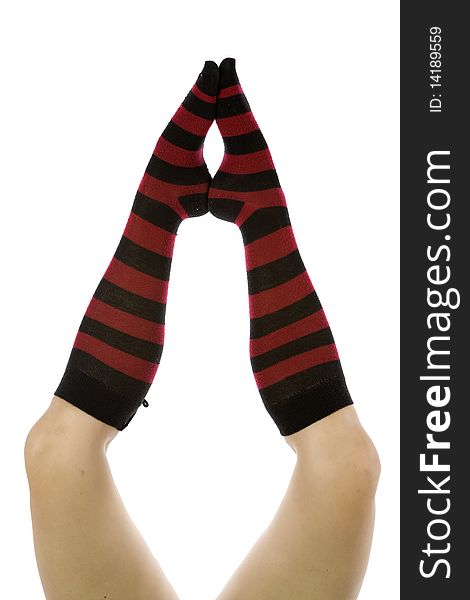 Red and black socks feet together