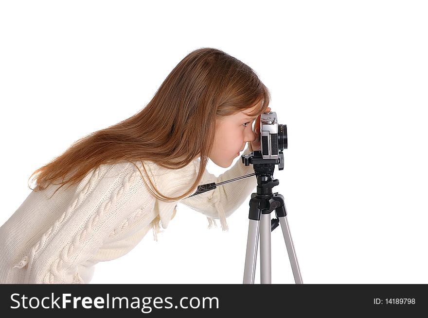 The girl with the camera isolated on white background. The girl with the camera isolated on white background