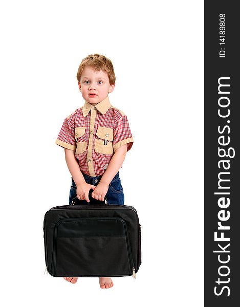 The little boy with a case on white background