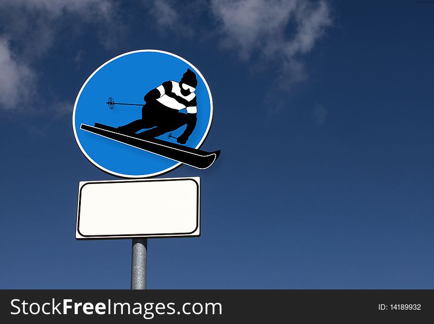 Road sign with skier in the sky