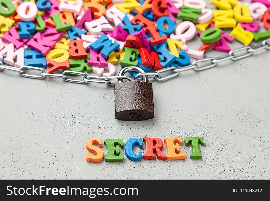 Secret Information. Letters of information symbol wrapped in chain and locked.