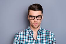 Close Up Photo Attractive Amazing Macho He Him His Man Guy Handsome Attentively Looking On Camera Student Wearing Specs Royalty Free Stock Photos