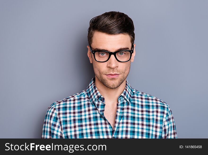 Close up photo attractive amazing macho he him his man guy handsome attentively looking on camera student wearing specs